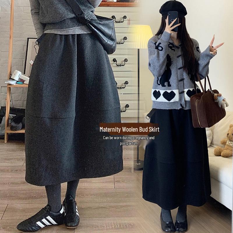 

Autumn-Winter 2025 Women s Wool-Blend Maternity Umbrella Skirt - Deep Gray, Slimming, Mid-Length M