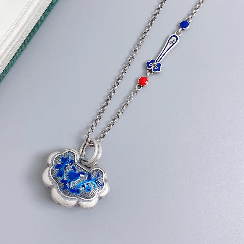 Original   Faceted Blue Orchid Enamel Ruyi Necklace For Women Charms Exquisite Pendant Clavicle Chain Banquet Jewelry