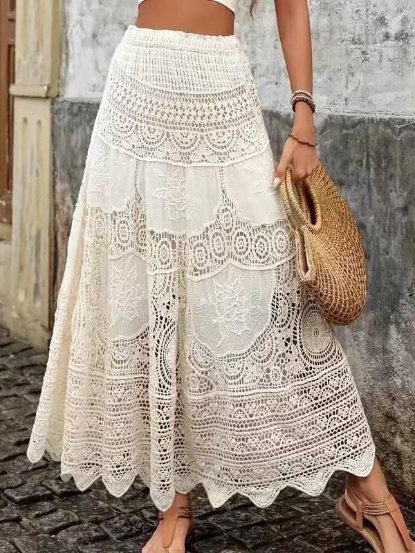 Женская кружевная миди-юбка, эластичная талия и длинная А-силуэтная юбка, многофункциональная и модная One Size хаки