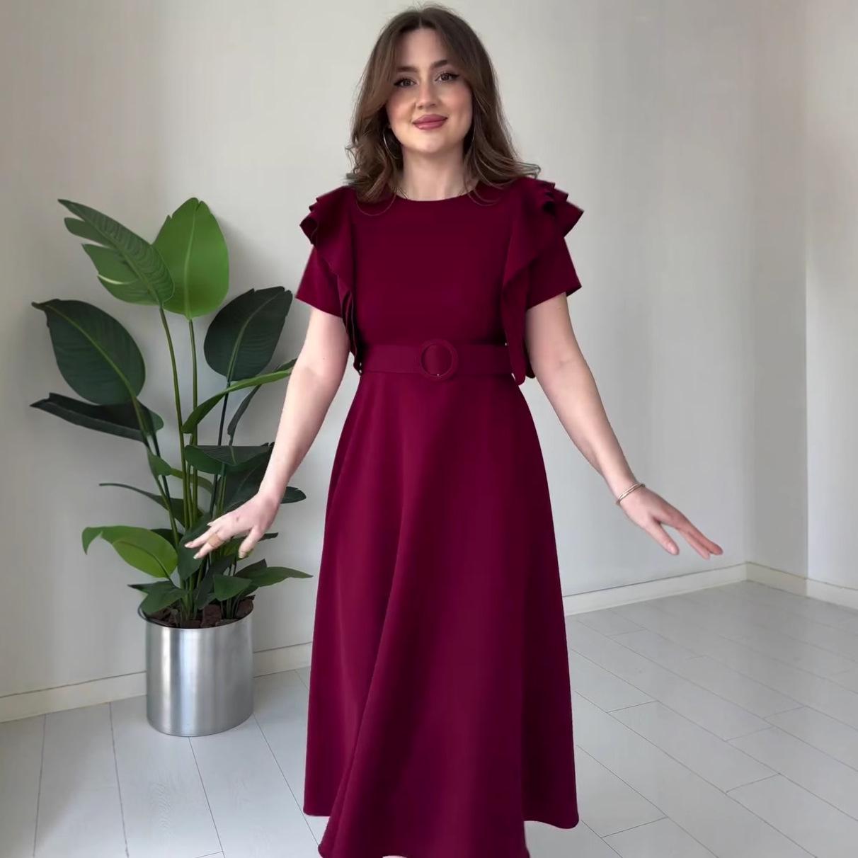2025 Summer Flutter Sleeve Belted Midi Dress for Women XL вино красного