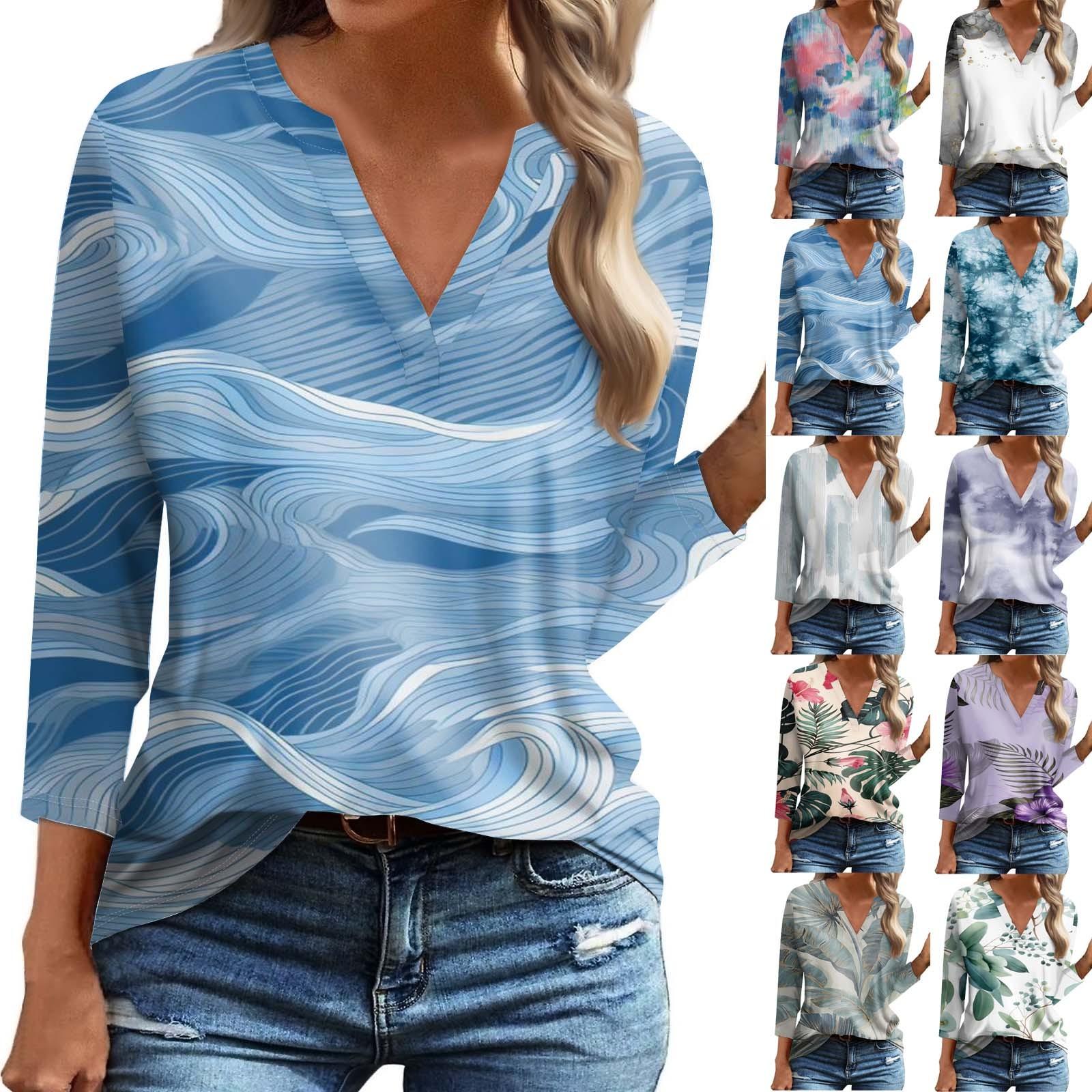 

Женская модная и повседневная футболка с V-образным вырезом и принтом с рукавами 3/4, базовый топ с V-образным вырезом, обычный топ