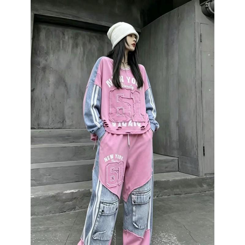 Womens American Style Denim Tracksuit Loose Letter Print Hoodie Cargo Pants Hip Hop Streetwear