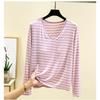 Plus Size Modal Chest Pad T-shirt Spring and Autumn Versatile Stripe Bottoming Shirt V-neck Thin Bra-Free Home Wear Top