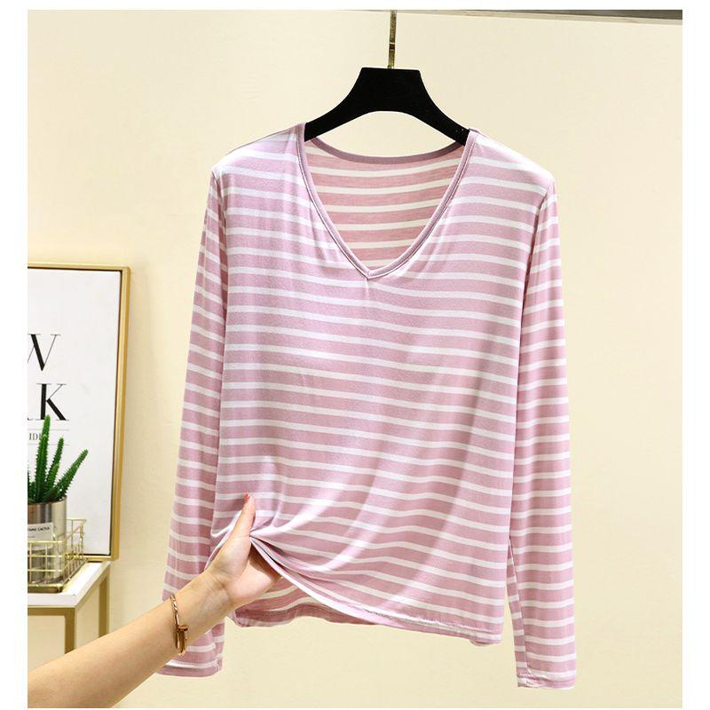 Plus size Modal Chest Pad T-shirt Spring and Autumn Versatile Stripe Bottoming Shirt V-neck Thin Bra-Free Home Wear Top