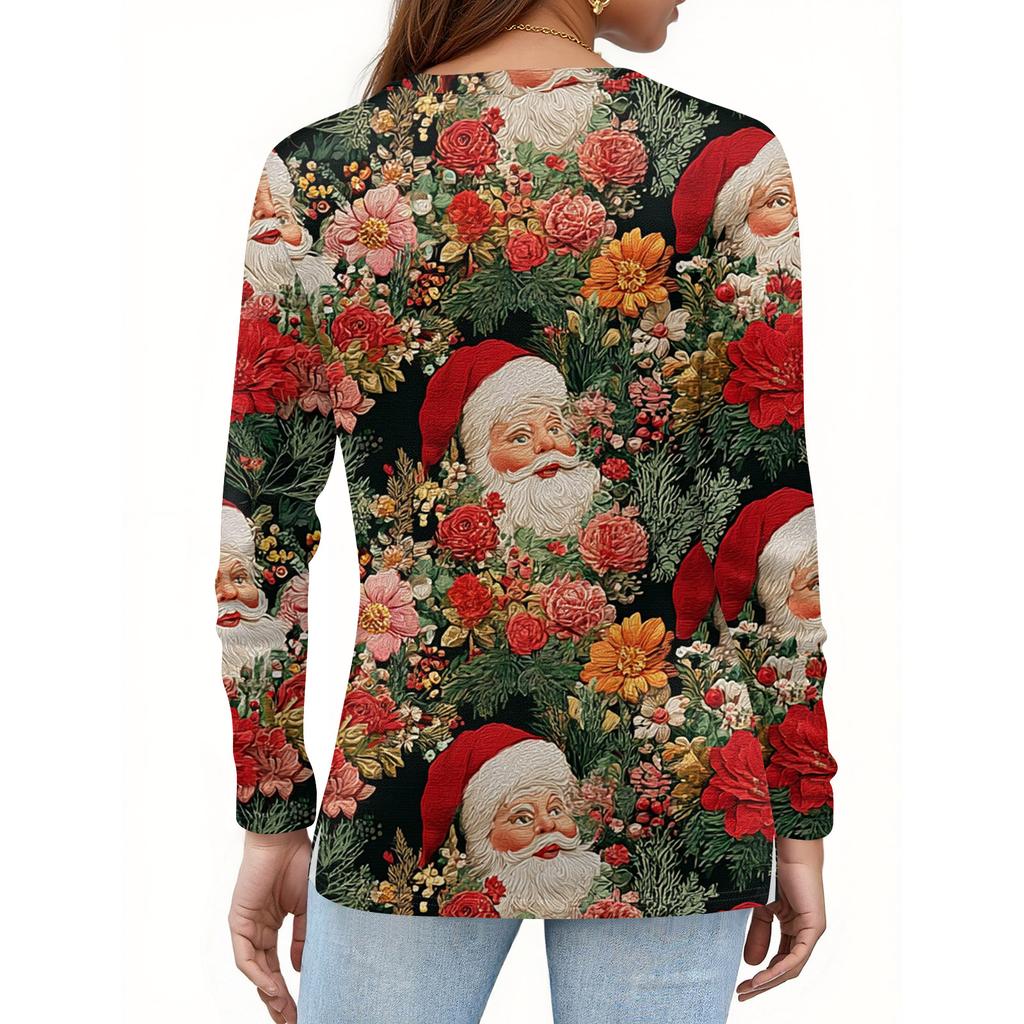 Women's Fashion Hem Slit Casual Christmas Printed Round Neck Long Sleeve Top