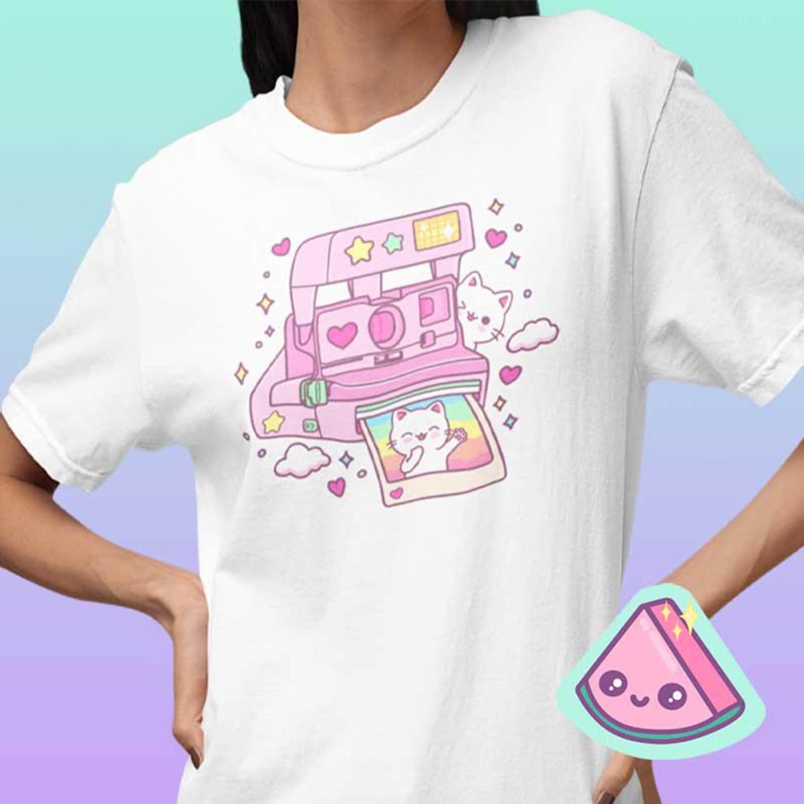Fairy Kei Shirt | Fairy Kei Clothing | Kawaii Cat Camera Graphic Tee | Pastel Cute T-Shirt | Yume Kawaii 4XL