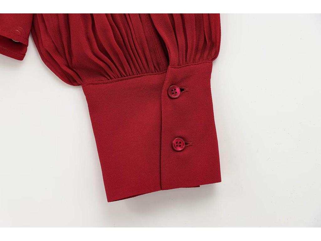 European & American Style Women's Red Bow Long Sleeve Stand Collar Shirt