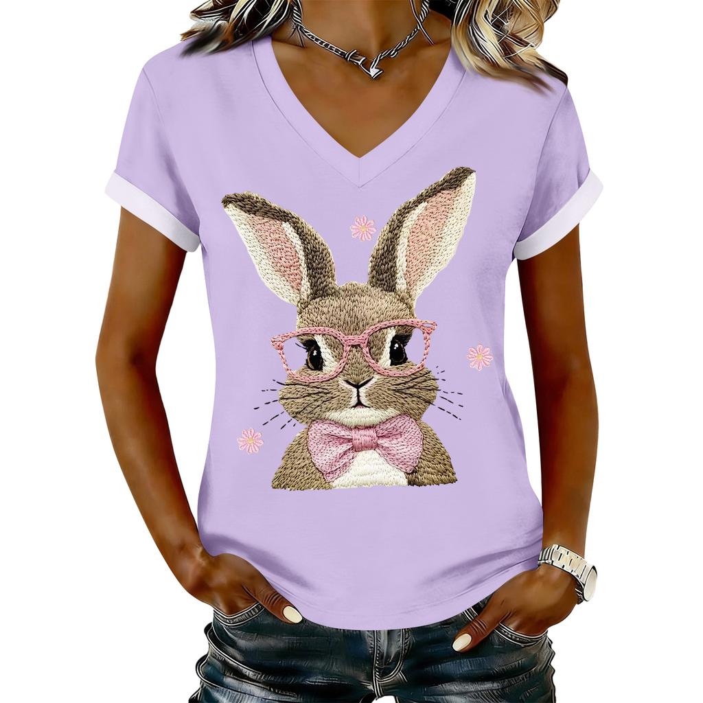 Women's Casual Printed T-Shirt V Neck Pullover Short Sleeve Top