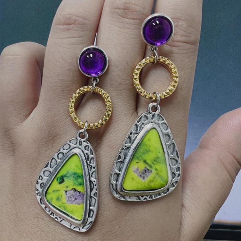 Vintage Ethnic Style Inlaid Amethyst Hanging Earrings Fashion Geometric Enamel Handmade Earrings