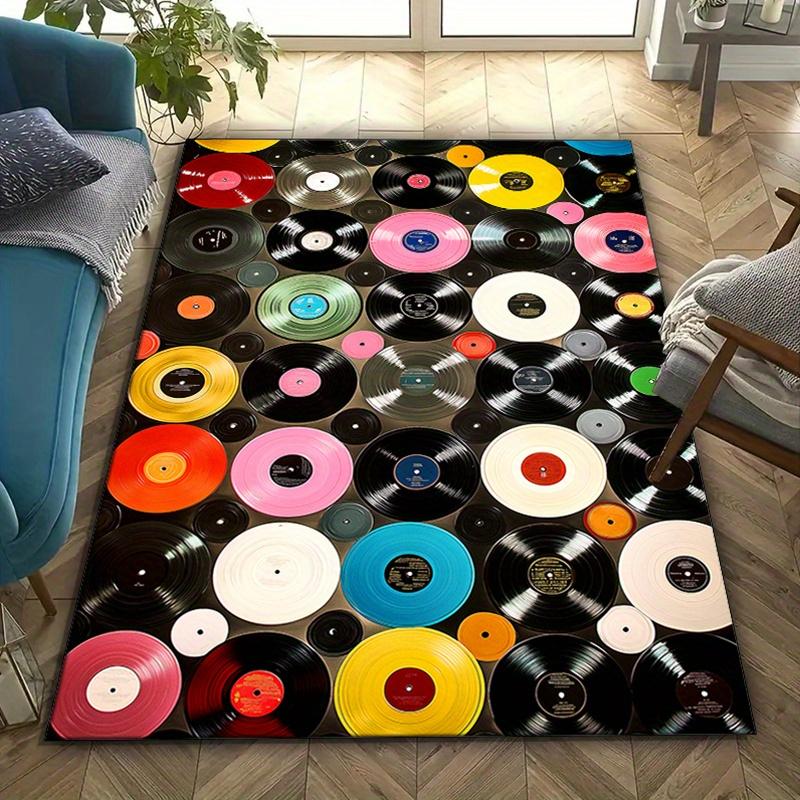 Vinyl Record Design Polyester Carpet,  Crystal Velvet Floor Mat, Anti-Slip Area Rug for Bedroom, Living Room, Home Decor