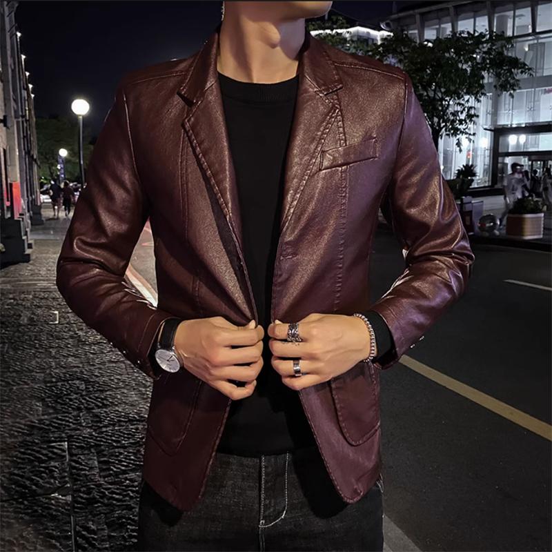 Men Business Casual Faux Leather Jacket Black / Khaki Fashion Male Suit Collar Coats