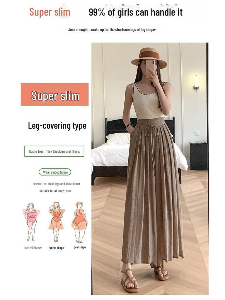 Women's Summer 2024 High-Waist Drape Pants Skirt - Ice Silk & Cotton-Linen Blend with Elastic Waist and Straps