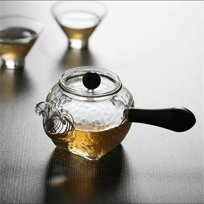 Japanese Style Heat Resistant Hammer Pattern Square Bottom Glass Teapot Side Handle Wooden Kungfu Tea Set Tea Pot With Filter
