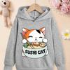 Bluza z kapturem dla dziewcząt, chłopców, dzieci, uroczy kot sushi z nadrukiem, bluza, styl japoński, kawaii, kreskówka, pulower, góra z kapturem, jesień, zima