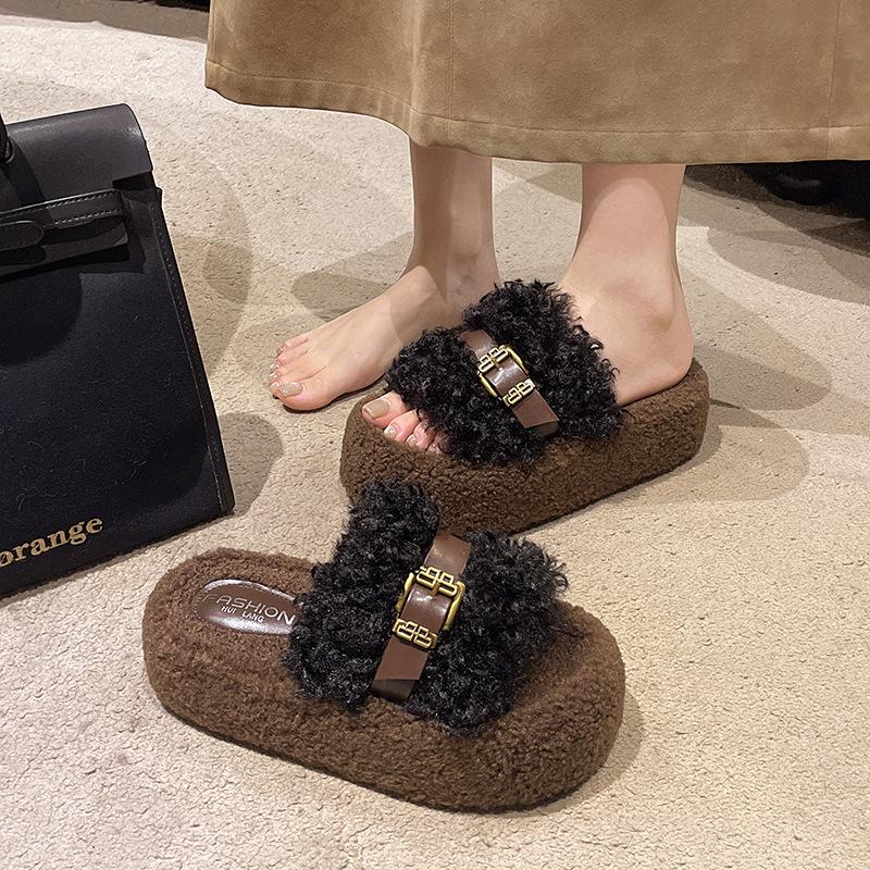 Fairy wind thick bottom fluffy drag girl wearing ins trendy small fragrant wind 2025 new autumn and winter French lazy cotton slippers