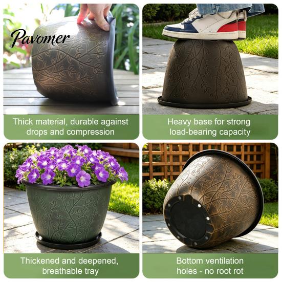 Large Plastic Planters for Outdoor 12 Inch Thickened Flower Pots Indoor, Leaf-Pattern Texture Stable Heavy Duty Plant Planter with Drainage