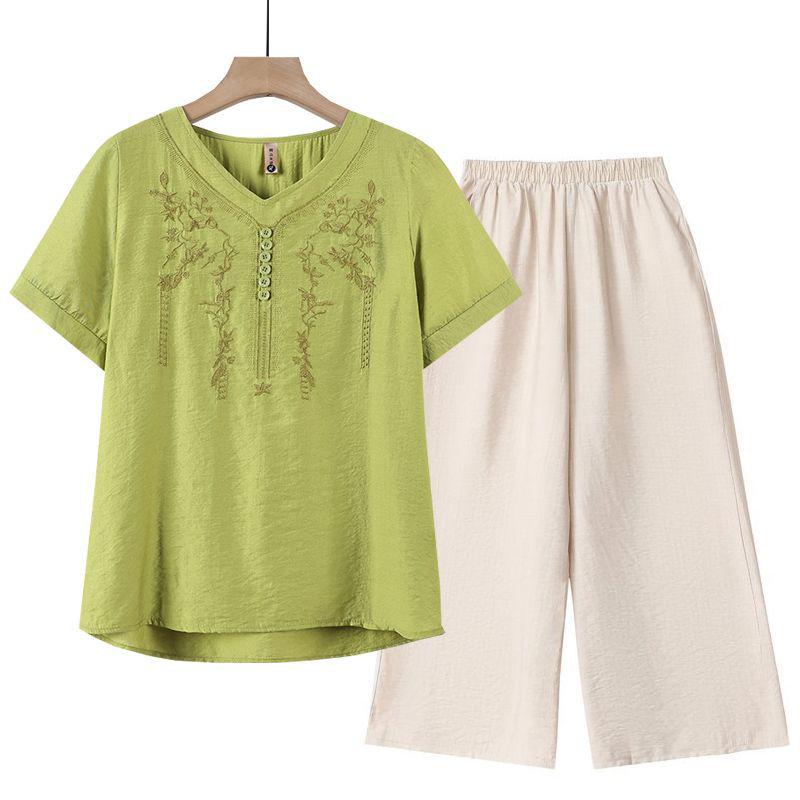 Women's Tencel Linen Embroidered Short-Sleeve T-Shirt & Pants Set - Summer Style for Middle-Aged Moms