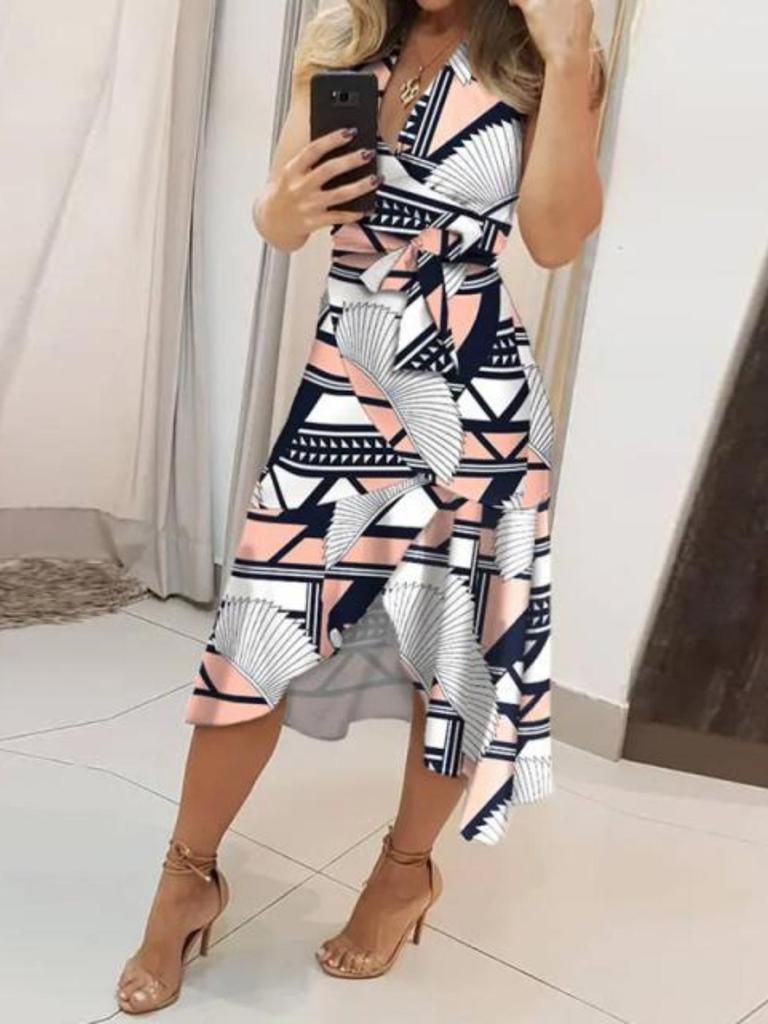 Abito con Scollo a V e Stampa Floreale Vestibilità Aderente Vita Alta Abito Asimmetrico Elegante Abiti Senza Maniche Casual Donna
