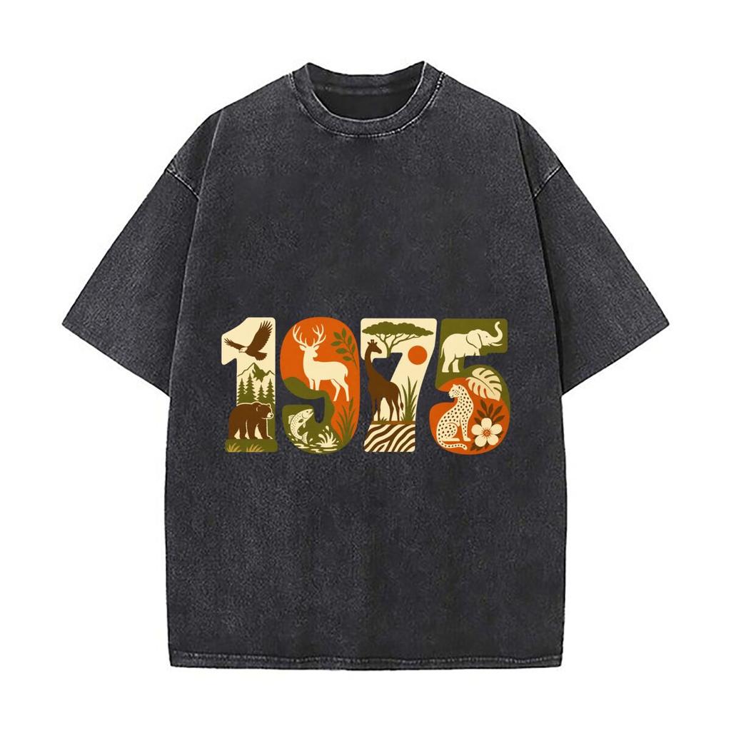 Vintage 1975 Wildlife Number Graphic Loose Solid Distressed T Shirt American Casual Crew Neck Top