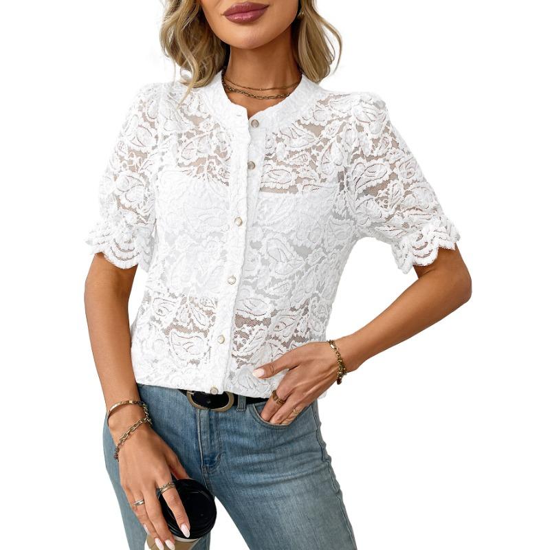 Women's Summer Lace Short Sleeves Casual Shirt Button Up Shirt Top