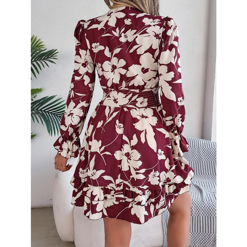 Women's Casual Floral Long Sleeve Wooden Earring A-line Dress Sexy Women's Floral Dresses