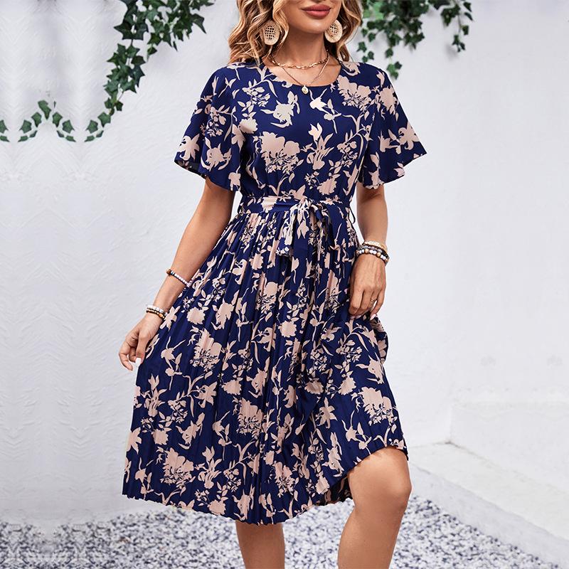 Summer casual chic elegant floral print cinched waist dress