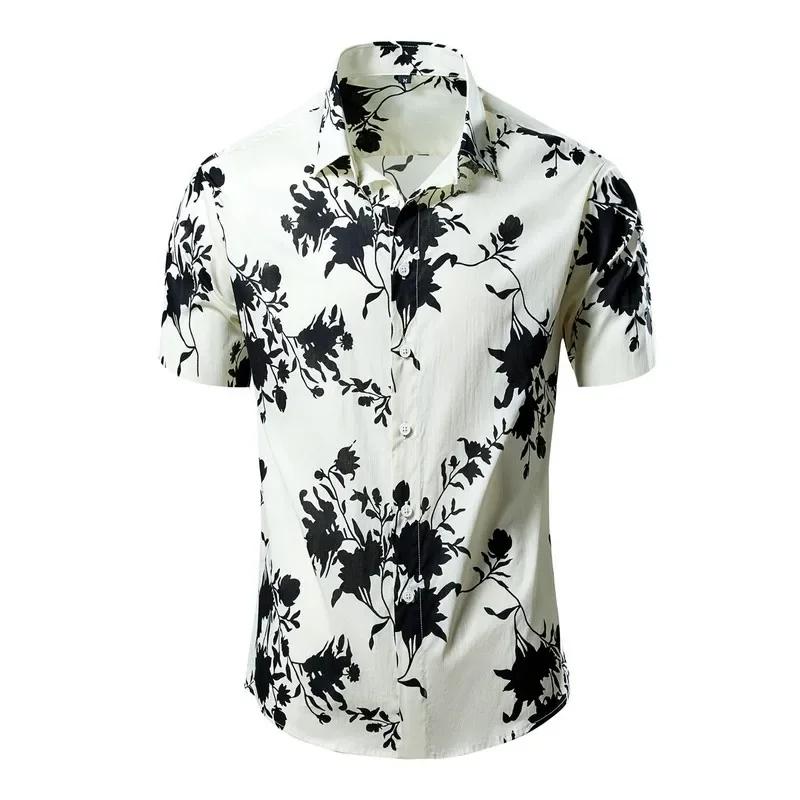 Green Men's Printed Short Sleeve Shirt, Summer Beach Casual Shirts, Single Breasted Lapel Camisa Chemise