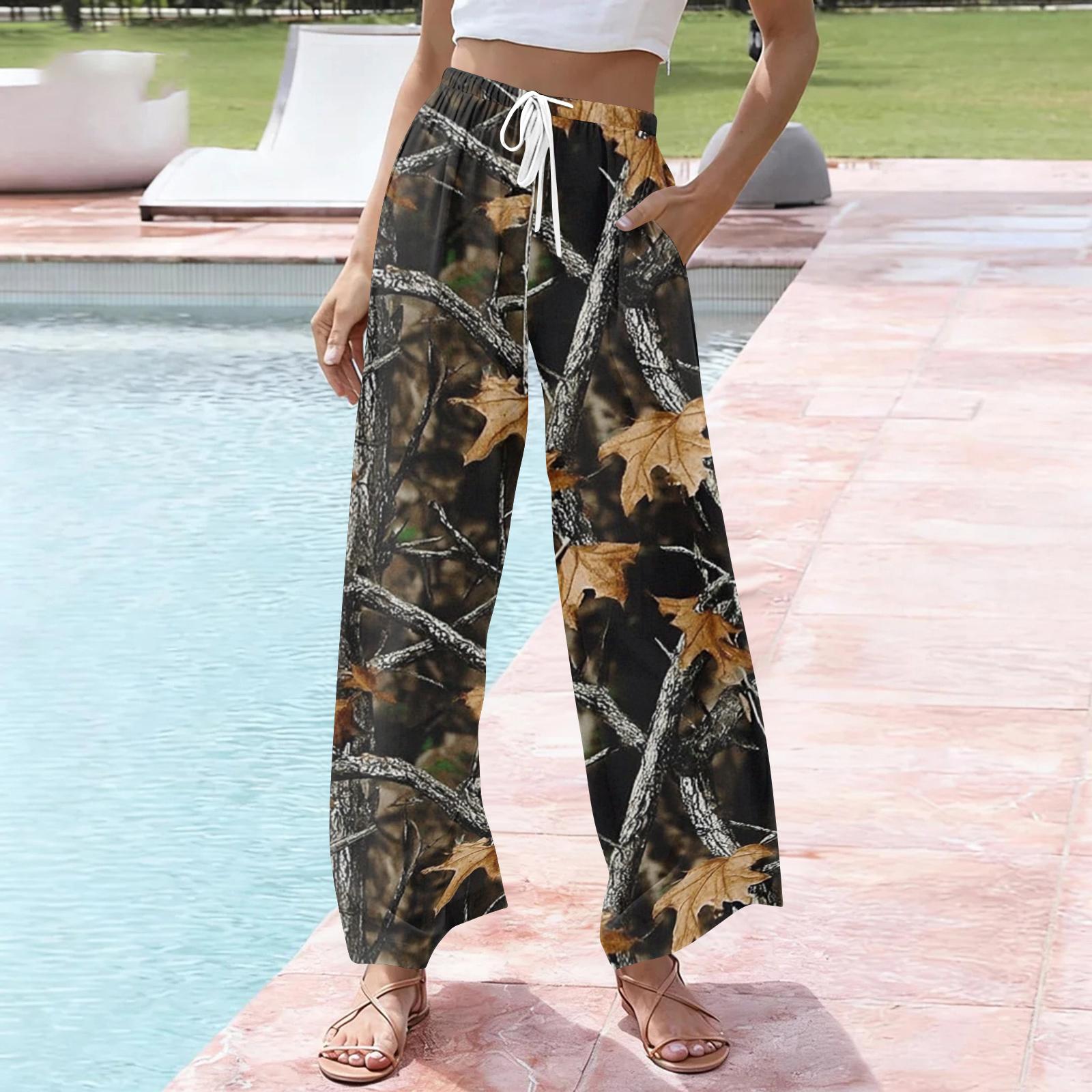 

Women s Casual Printed Wide Leg Drawstring Pocket Beach Casual Pants S кавовий