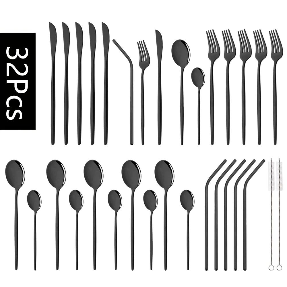 32Pcs Stainless Steel Dinnerware Set Kitchen Black Cutlery Set Knife Fork Spoon Straw Flatware Tableware Western Silverware Set
