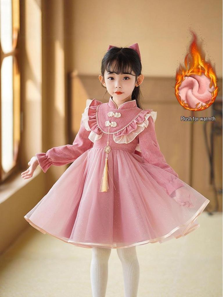 Red Winter Chinese-Style Plush Princess Dress for Girls - New Year's Baby Outfit