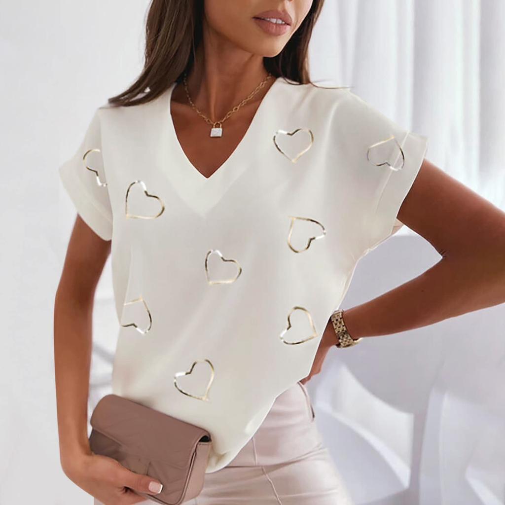 Summer V-neck 3D Feather Printed Top Extremely Simple Style Fashionable Casual Short Sleeved Women's T-shirts