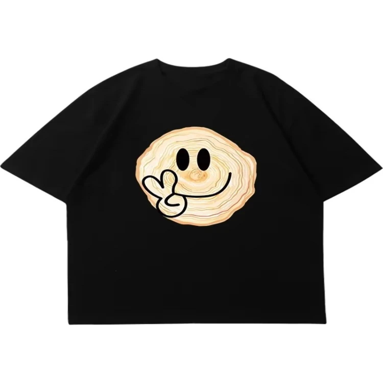 Retro Summer Dating Shopping Casual Style T Shirt Smiley Face Cartoon Printed Kawaii Cotton Short Sleeves Kid Oversized t-shirt S чёрный