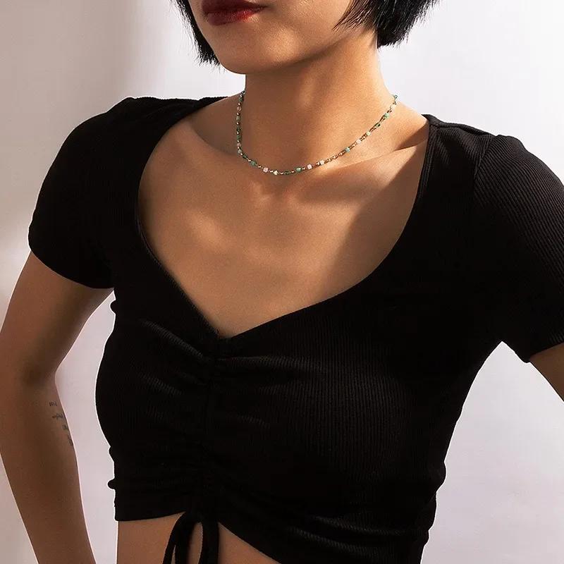 Temperament Fashion Green Stone Beaded Pendant Necklace for Women Simple Korea Fashion Collarbone Chain Jewelry Accessories Gift