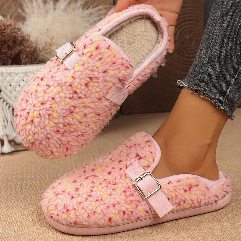 Fashion Fashion Mix Color Plush Slippers Women Round Toe Slip On House Cotton Slippers Woman Winter Buckle Strap Detor Fur Slides Ladies