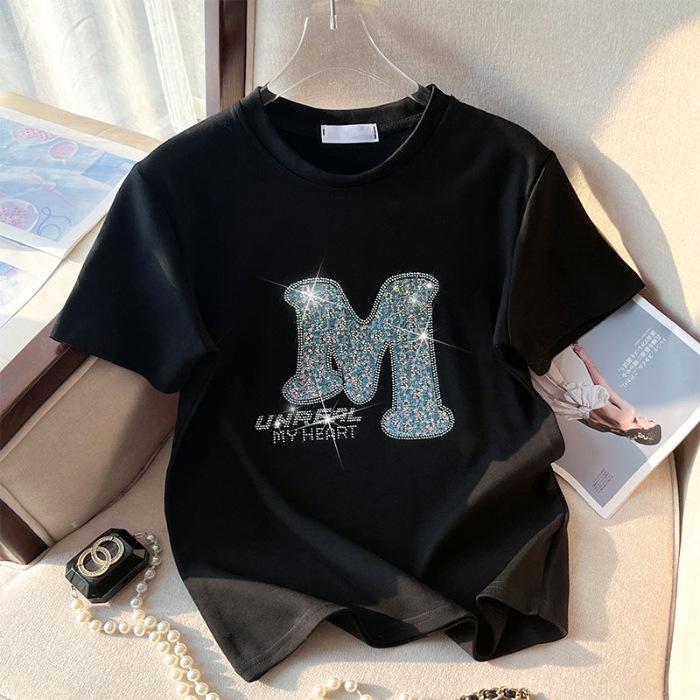 

Белая футболка с коротким рукавом спереди на плече женская весна и осень 2025 новая летняя мода тяжелая промышленность горячий дизайн с бриллиантами топ S чёрный