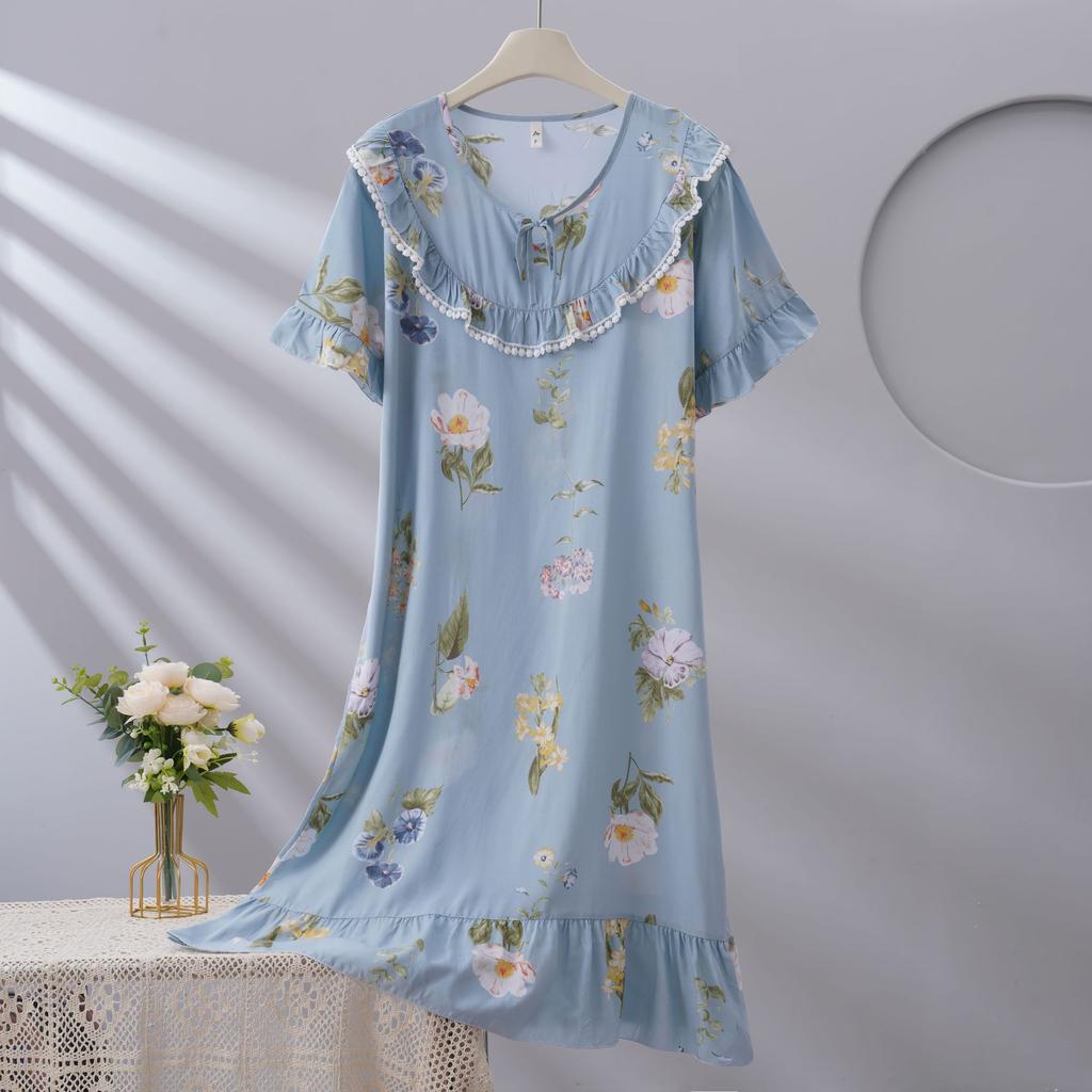 1011 new spot women's spring, summer and autumn cotton silk loose thin large version nightdress simple and comfortable loungewear