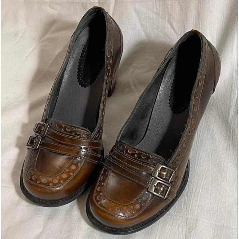 Women Loafer Fashion Shallow Slip Vintage Female Elegant Thick Heel Mary Jane Shoes Ladies Dress Pumps