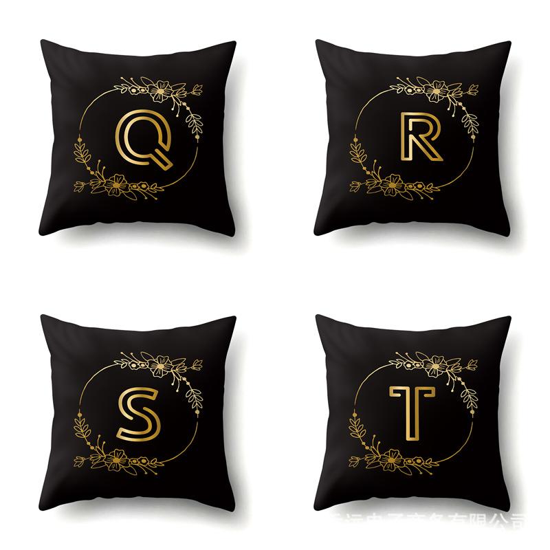 Polyester Pillowcase Black Gold Flower Home Decoration Print Pillowcase 26 English Letter Cushion Cover