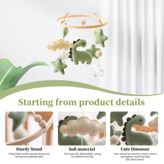 Yousheng Baby Crib Mobile Dinosaur Cloud Stars Nursery Decor Handmade Felt Hanging Bed Bell for Newborns Boys Girls