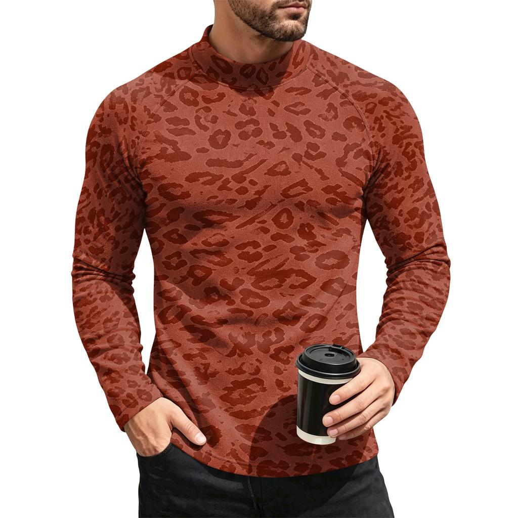 Men's Leopard Print Thermal Base Layer Shirt Long Sleeve Neck Undershirt Top for Fall and Winter