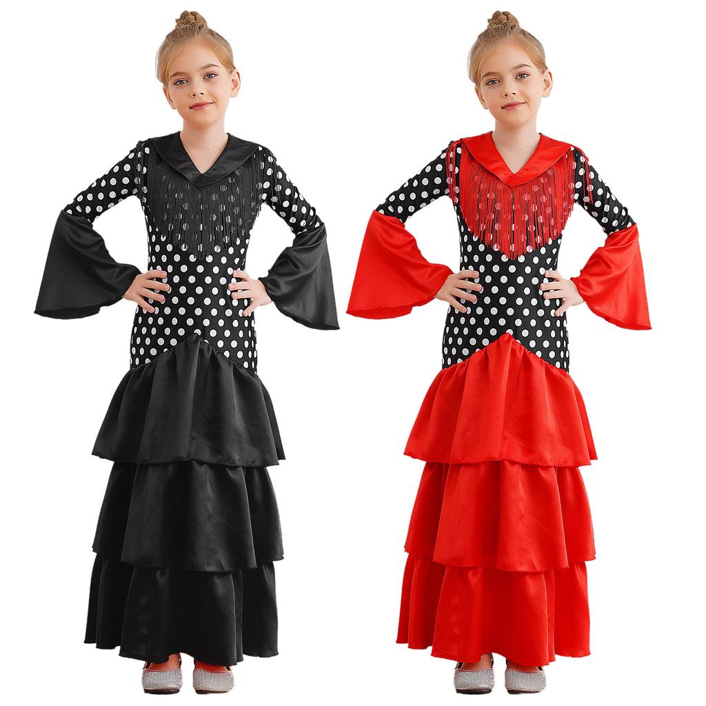 Girls Spanish Flamenco Dress Polka Dot Print Tiered Ruffles V Neck Dancewear