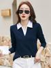 2025 Autumn Color Block Polo T-Shirt for Women: Long-Sleeved, Fake Two-Piece Design for Middle-Aged Mothers