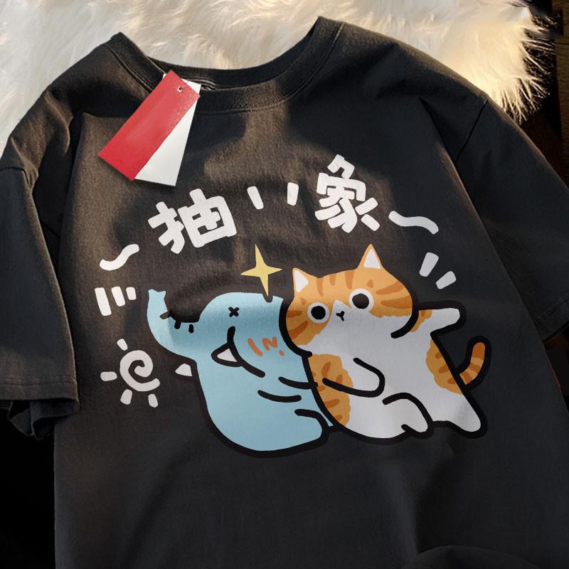 

Cute Cartoon Style Cat Printing Loose Shortsleeved Tshirt Pregnant Women with Summer Round Neck Top 3XL