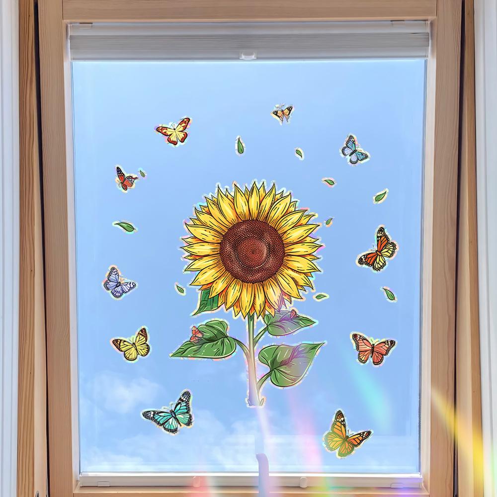 Laser Bunte Sonnenblume Schmetterling Heimverschönerung und Dekoration Glas Statische Fensteraufkleber