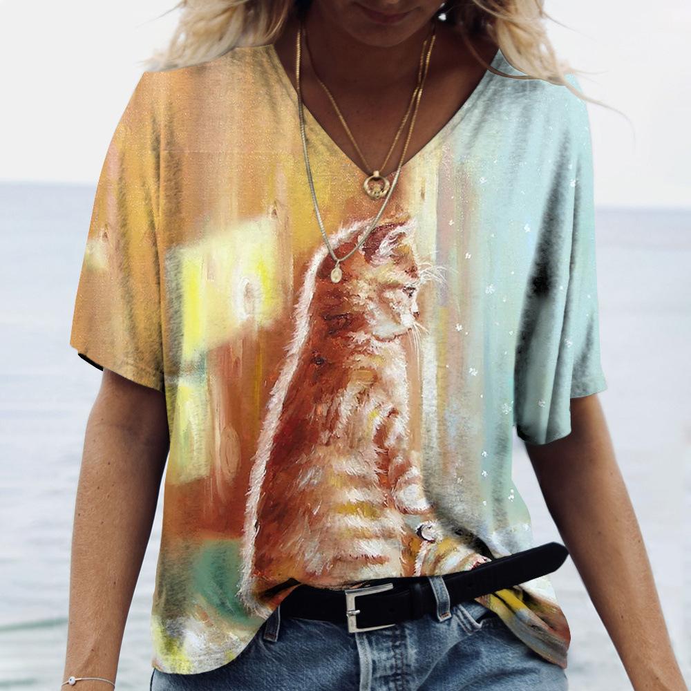 2025 Summer New 3D Cat Print Tee Loose Retro Women's V-neck Short Sleeved Street Style T-shirt Casual Top