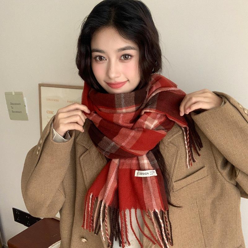 New Christmas Atmosphere Red Plaid Scarf Women's Winter Versatile Warm Thickened Student Scarf Tide