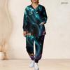 Women Plus Size Nurse Scrub Set V Neck Long Sleeve Printed Pockets Top And Long Pants