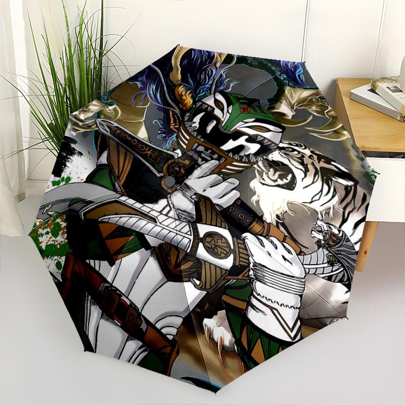 1pc Green Ranger's Mighty Alliance Pattern Beautiful Looking Fashion Automatic Folding Cartoon Umbrella, 3 Folding, 8 Iron Frame Design, Durable