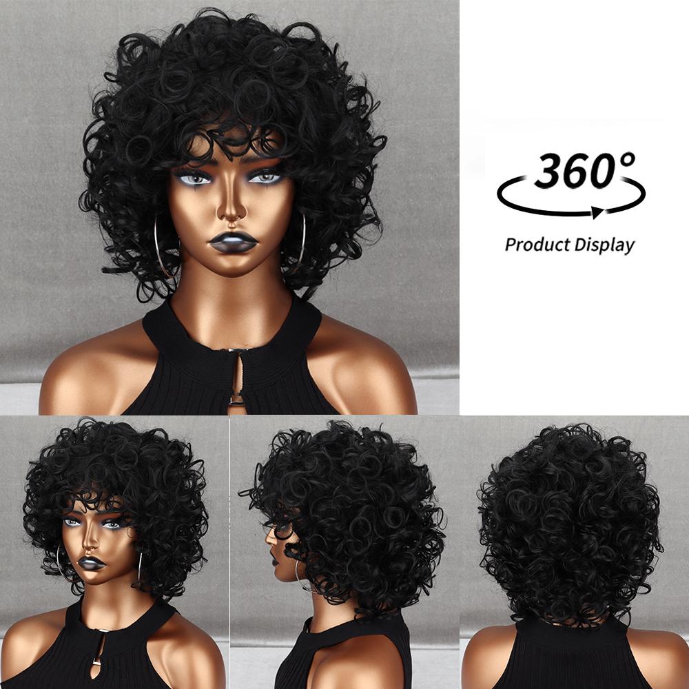 MISS WIG Kurze schwarze Afro-Lockenperücken mit Pony für schwarze Frauen, flauschige synthetische afrikanische Ombre-Perücken