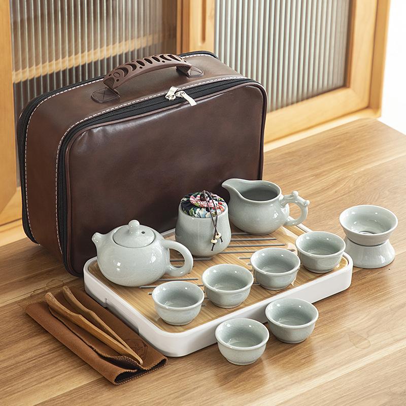 Travel ceramic Kung Fu tea set, tea tray, a full set of portable storage bags, practical business gifts for customers